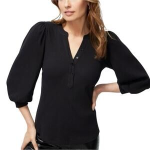 Chico’s Ribbed Knit Henley Top Women’s Size‎ L 2 Puff Sleeves Stretch Knit Black